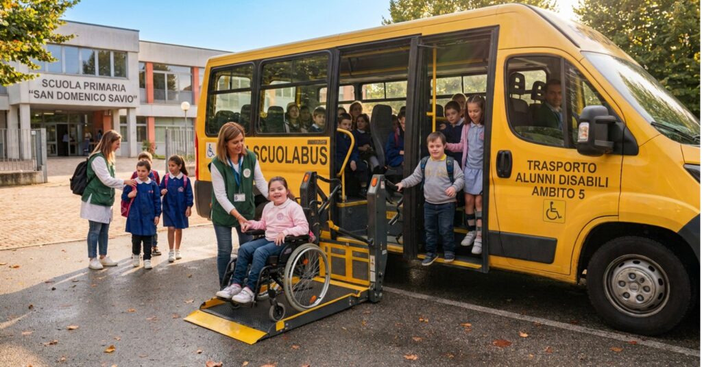 alt="Illustrazione a scopo descrittivo generata con IA: uno scuolabus giallo per trasporto di bambini disabili davanti ad una scuola."